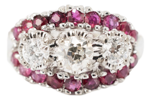 Antique 14k White Gold 1.33ctw Old Cut Diamond Ruby Three Stone Cocktail Ring, Size 7.25