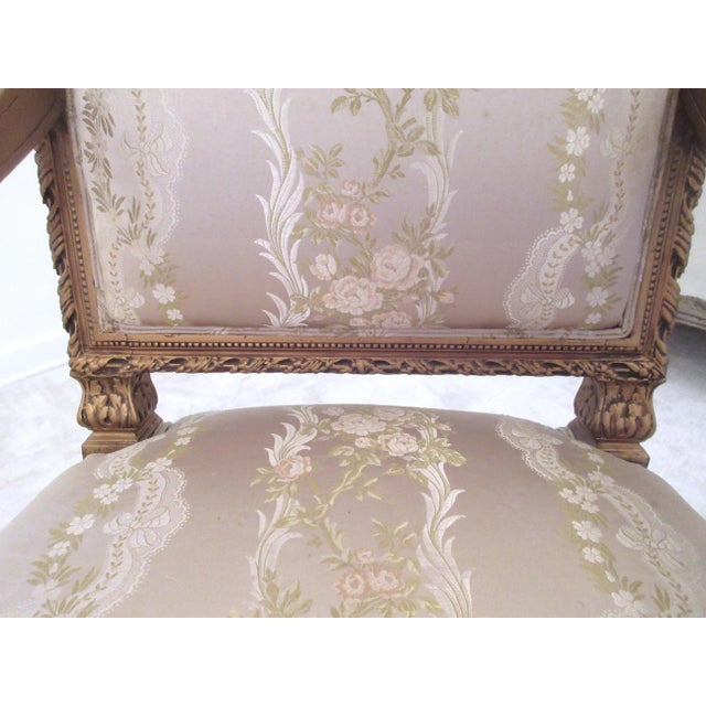 Antique French Louis Gilt Carved Bergere Chair With Damask Roses Fabric For Sale - Image 10 of 13
