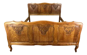 Vintage French Louis XVI Style Double Carved Bed Frame in Oak
