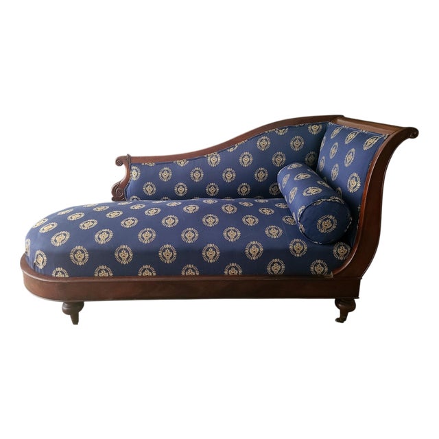 Early 19th Century English Regency "Méridienne" Polished Mahogany Reupholstered in Blue & Gold Damask For Sale
