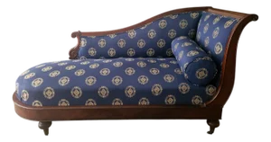 Early 19th Century English Regency "Méridienne" Polished Mahogany Reupholstered in Blue & Gold Damask