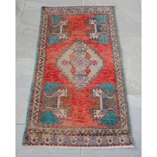 Small Vintage Turkish Oushak Rug 2x3 Hand Knotted Wool Red Teal Entryway Mat Handmade Doormat For Sale - Image 14 of 14