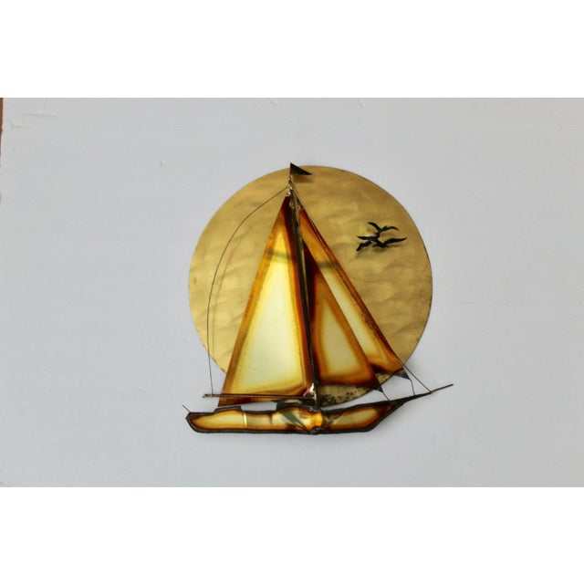 Curtis Jere Style Vintage Mid Century Brass Sun Flying Birds Sailing Boat Wall Decoration Sculpture