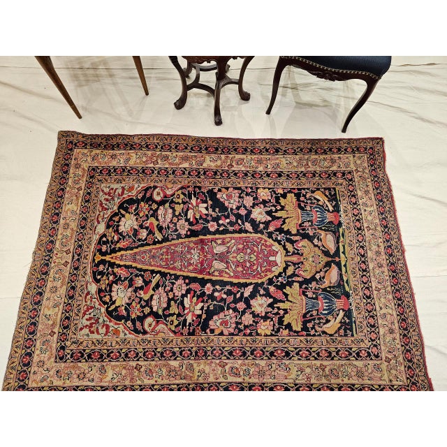 19th Century Persian Kerman Lavar Rug, Hand-Knotted Wool, Tree of Life Pattern, Navy & Ivory, 4x6 For Sale - Image 4 of 13