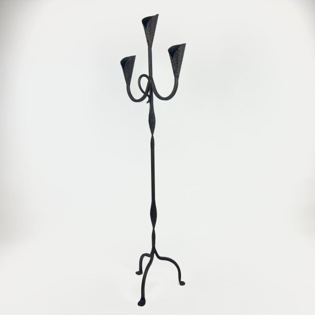 Metal Hand Forged Wrought Iron Floor Candelabra 50″ (127cm) Antique Copper Patina 3-Arm Candle Holder Leaf Detail Rustic Wedding Decor For Sale - Image 7 of 7