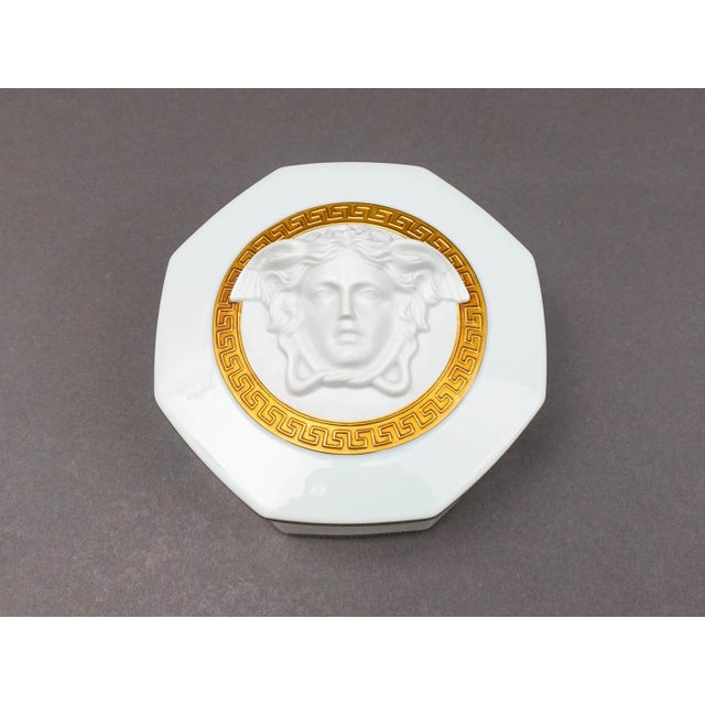 Versace Rosenthal Germany Gorgona Medusa Gold Greek Key White Porcelain Candy Trinket Jewelry Box. Measures approximately...