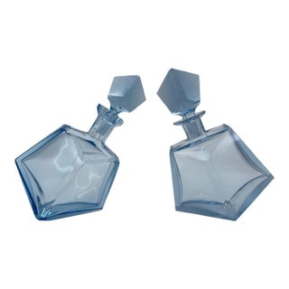 Late 20th Century Pair of Sculptural Light Blue Art Glass Decanters With Faceted Stoppers, Mid-Century Modern For Sale