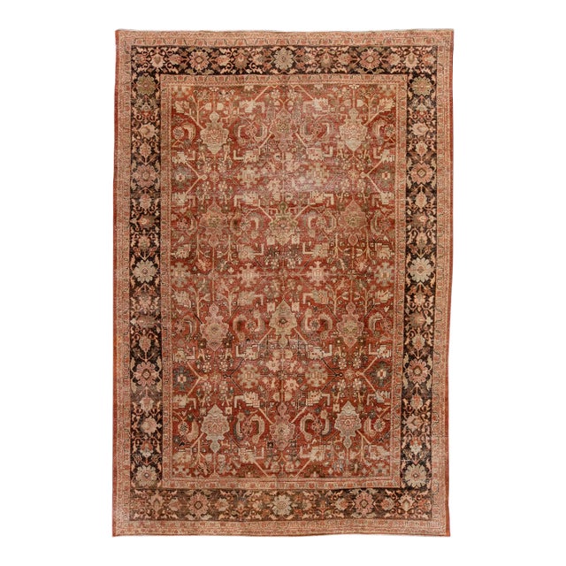 1920s Handmade Antique Persian Mahal Floral Wool Rug in Rust For Sale