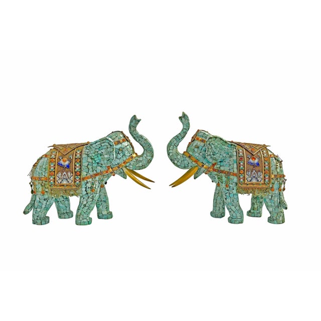 Early 20th Century Early 20th Century Asian Jeweled Gilt Silver & Tessellated Turquoise Elephant Figurines - a Pair For Sale - Image 5 of 5