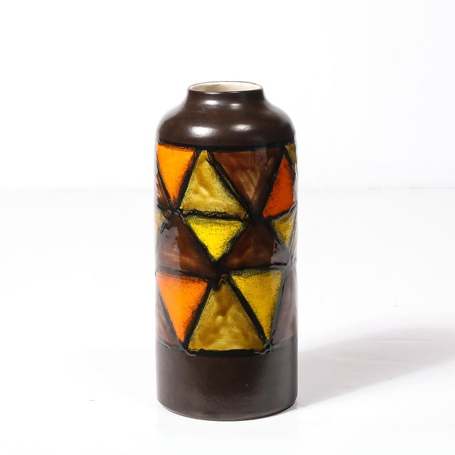Mid-Century Ceramic Vase in Burnt Umber W/ Yellow & Orange Details by Aldo Londi For Sale - Image 11 of 14