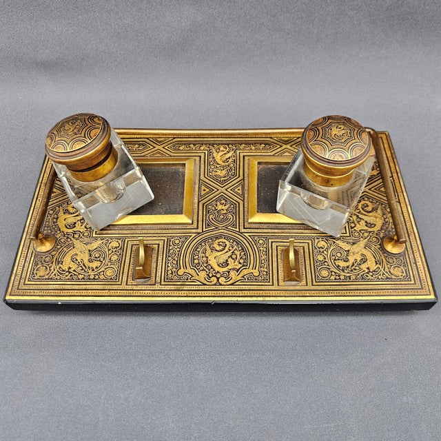 Victorian-Era Inkwell with Boulle Inlays in Ebonized Wood and Brass, Set of 8 For Sale - Image 14 of 16