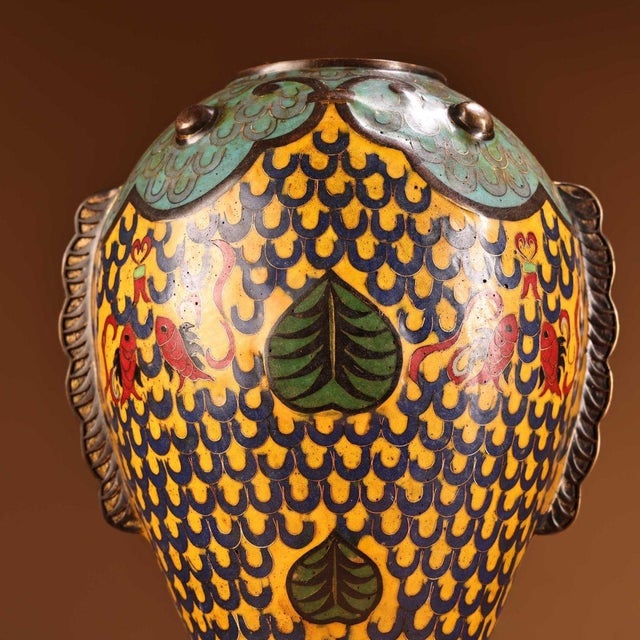 Monumental Pair of Chinese Cloisonné Enamel "Fish" Vases With Stands - 48cm, 9.6kg For Sale - Image 4 of 8