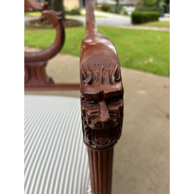 Wood Antique Hand-Carved Mahogany Chair-Backed Settee in Jake Stripe by Perennials in Linen Colorway For Sale - Image 7 of 12