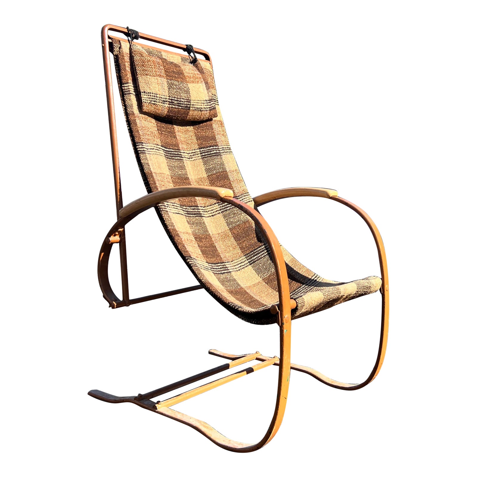 1940s Iron Slingback Cantilever Rocking Chair With Brown Plaid Textile ...