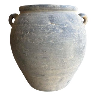 Vintage Style Matte Gray Oil Pottery With 2 Handles For Sale