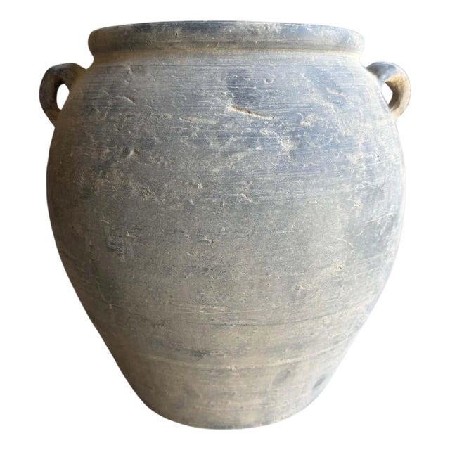 Vintage Style Matte Gray Oil Pottery With 2 Handles For Sale