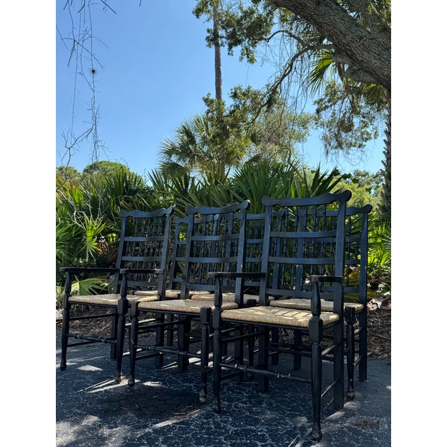 Set of 6 Vintage Black Painted Spindle-Back & Ladder-Back Rush Seat Dining Chairs For Sale In Tampa - Image 6 of 12