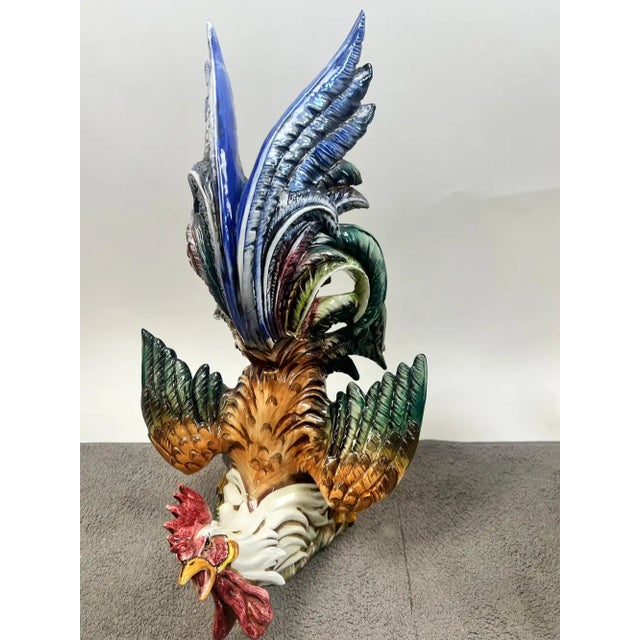 Vintage Hand-Painted Italian Majolica Ceramic Fighting Rooster Sculpture, a Pair 1980's For Sale - Image 4 of 15
