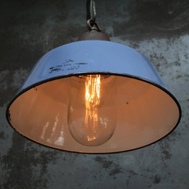 Industrial Vintage Industrial Blue Enamel, Clear Glass and Cast Iron Pendant Light For Sale - Image 3 of 5