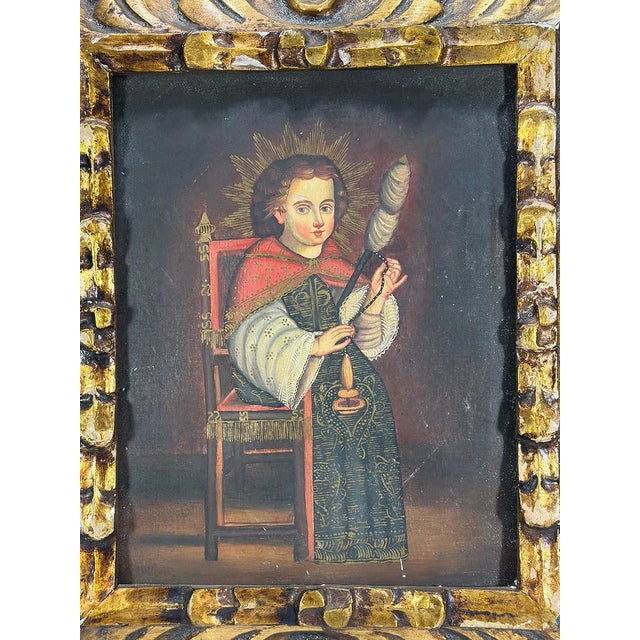Religious Antique Peruvian Colonial School Religious Portrait in Carved Giltwood Frame For Sale - Image 3 of 5