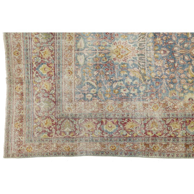 Antique Mashad Wool Rug With Allover Palmette Motifs & Muted Blue Patina For Sale - Image 10 of 12