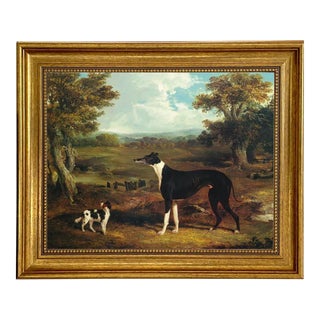 Greyhound and King Charles Spaniel Print on Canvas in Antiqued Gold Frame- 11x14 Framed to 14-1/2" X 17-1/2" For Sale