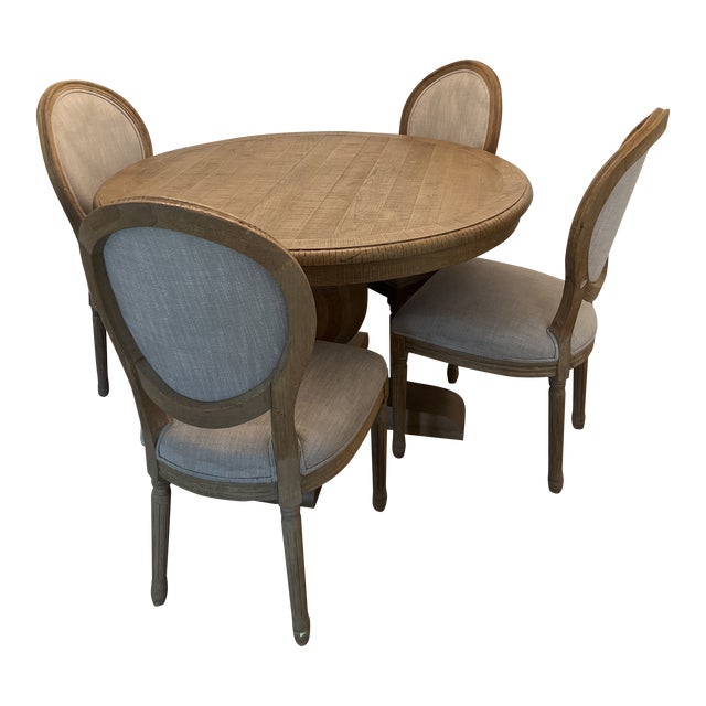 RH Salvaged Wood Pedestal Round Dining Kitchen Table & 4 French Chairs