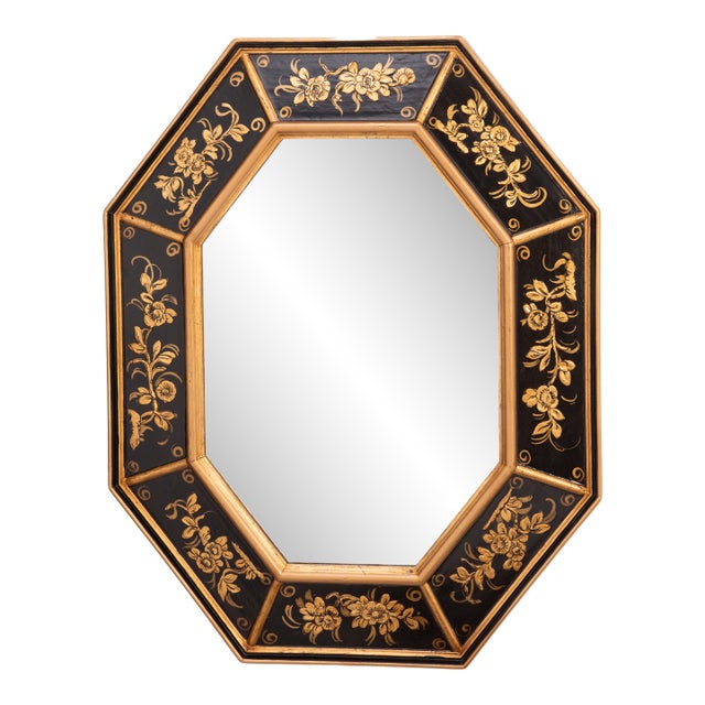 Octagonal Italian Gilt Relief Painted Wood Mirror LaBarge Attributed For Sale