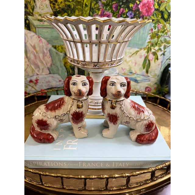 Charming Pair of Vintage Staffordshire Style Spaniels With Gilt Chain Collars and Parted Legs, Red & Cream Porcelain Dogs For Sale - Image 11 of 17