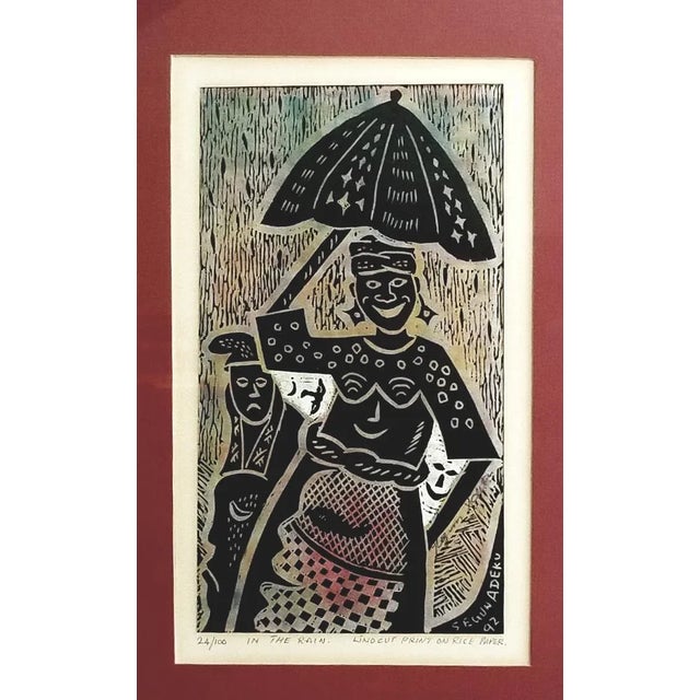 Contemporary 1992 Signed Segun Adeku "In the Rain" Linocut Print on Rice Paper For Sale - Image 3 of 13