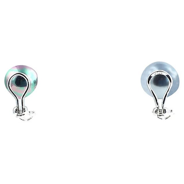 Sterling silver clip-back earrings, each featuring a 13mm gray faux-pearl set above a 7mm cubic zirconia stud. Marked: 925.