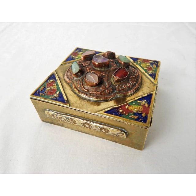 Antique Chinese Brass Box With Semi-Precious Stones For Sale - Image 12 of 12