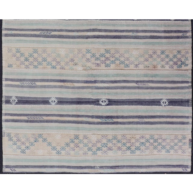 Vintage Turkish Flat-Weave L. Green, Taupe, butter, Lavender & Ink Blue. Keivan Woven Arts / rug/EN-15179, country of...