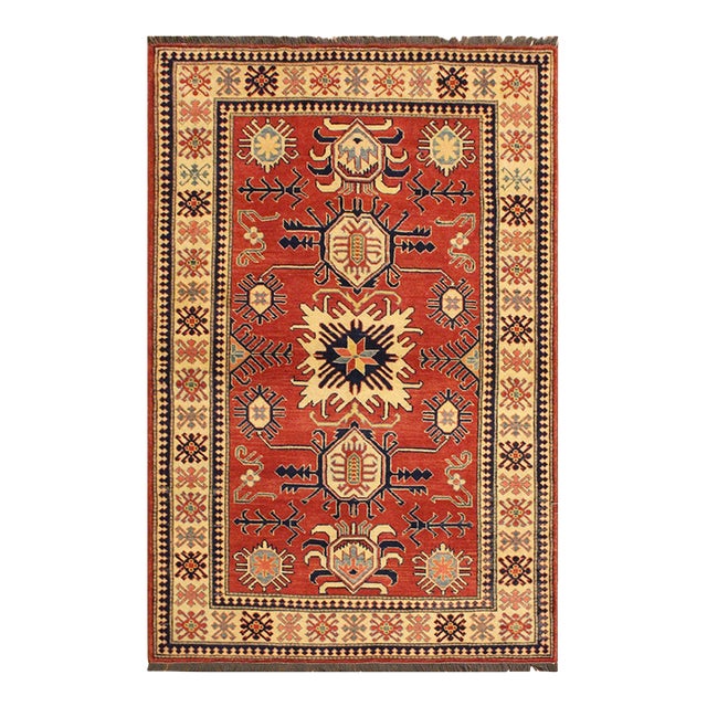 Rustic Super Kazak Rust/Beige Wool Rug - 4'0'' X 6'2'' For Sale