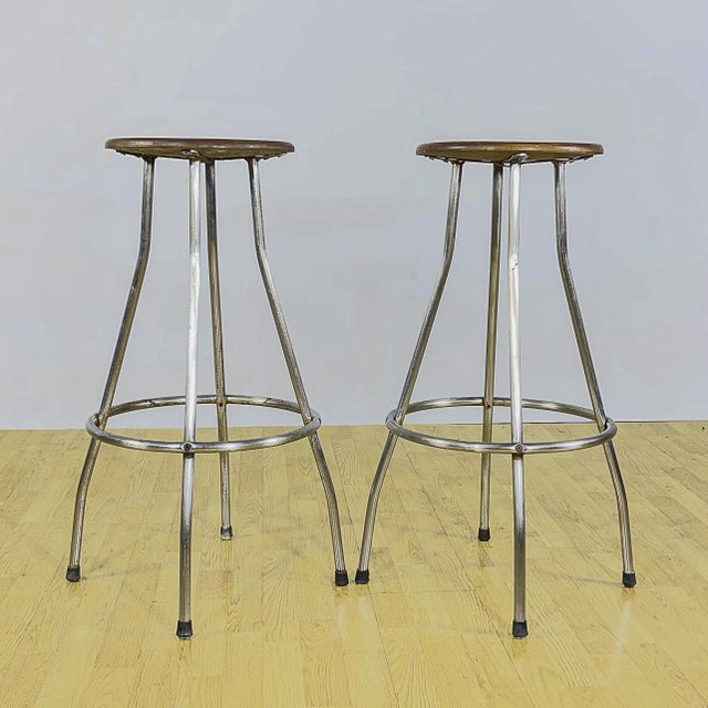 Industrial Stools in Tubular Steel and Plywood Seat, 1960s, Set of 2 For Sale - Image 8 of 9