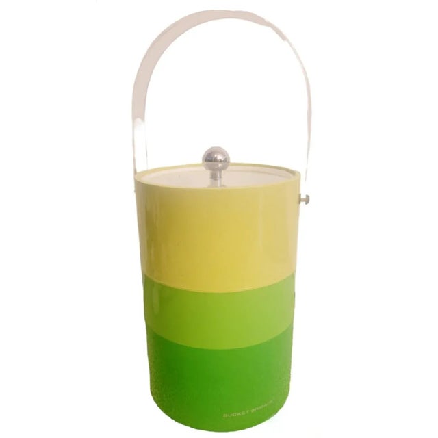 1980s Vintage 3 Color Yellow Green Vinyl Tall Lucite Handle Ice Bucket For Sale - Image 5 of 5