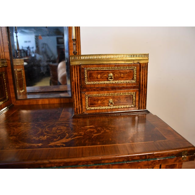 1900s Antique French Louis XVI Burl Walnut Satinwood Inlay Writing Desk For Sale - Image 4 of 18