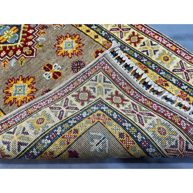 Extra-Long Olive Gold Kazak-Style Wool Runner Rug With Geometric ...