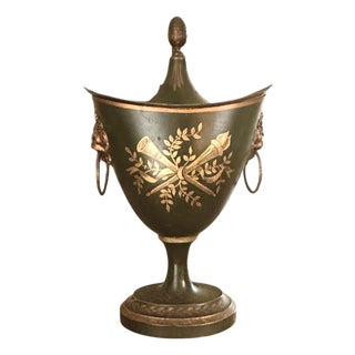 Antique French Tole Neoclassical Style Chestnut Urn in Deep Bottle Green / Black With Gilt Detailing For Sale