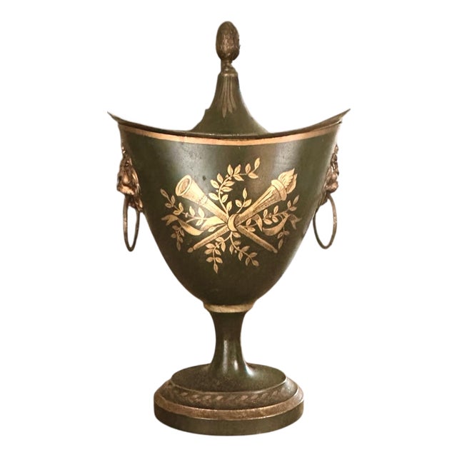 Antique French Tole Neoclassical Style Chestnut Urn in Deep Bottle Green / Black With Gilt Detailing For Sale