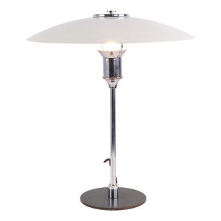 Table Lamp with White Metal Shades and Nickel-Plated Frame by Lyfa, 1940s For Sale