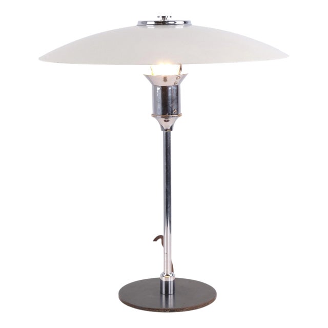 Table Lamp with White Metal Shades and Nickel-Plated Frame by Lyfa, 1940s For Sale
