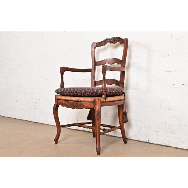 French Provincial Baker Furniture French Provincial Louis XV Carved Walnut Armchair or Dining Captain Chair For Sale - Image 3 of 11