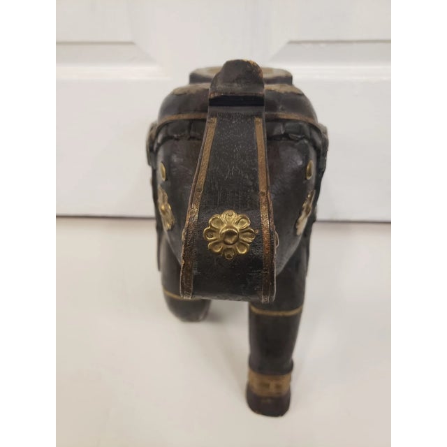 Mid 20th Century Indian Traditional Wedding Style Wood Elephant Statue With Brass & Bone Accents (1960s/1970s) For Sale - Image 5 of 9