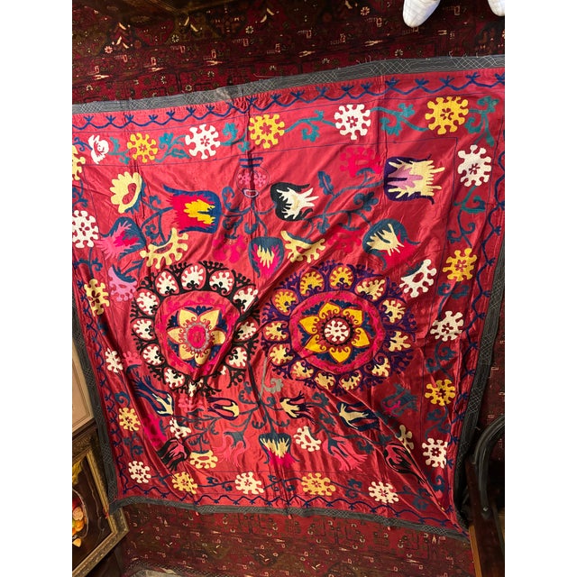 Asian Vintage Uzbek Suzani Silk Embroidered Tapestry, Circa 1960s–1970s, Large 74” X 74” Central Asian Wall Hanging [Af] For Sale - Image 3 of 10