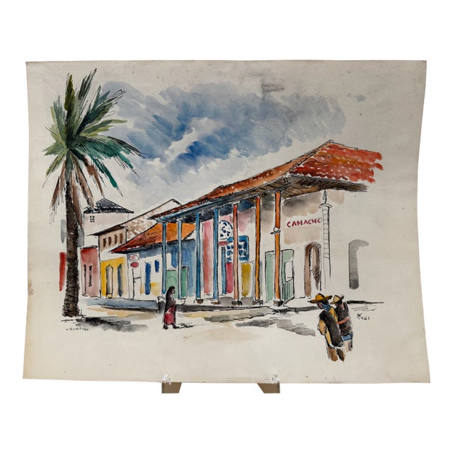 Henry Emil Salloch Original Watercolor on Paper Colonial Style Streetscape. Uruapan Mx. 1961. For Sale