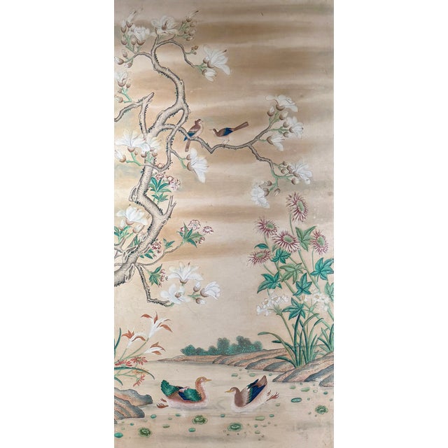 Chinese Export Six Panel Screen Circa 1920s, Hand-Painted Chinoiserie Garden With Birds For Sale - Image 10 of 16