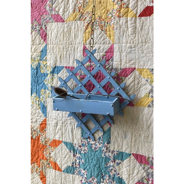 Antique Folk Art Diamond-Form Lattice Back Wall Pocket, Early 20th Century. Robin egg blue-painted surface with hints of...