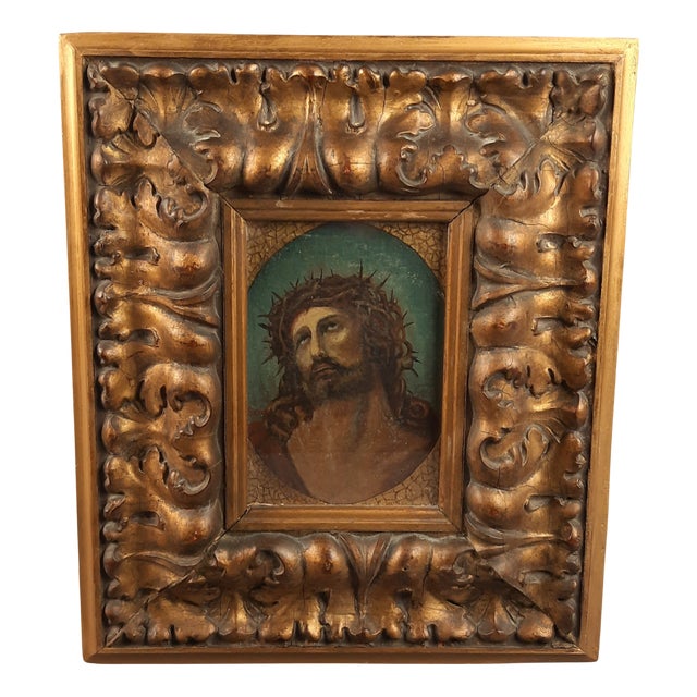 Framed Panel with Oil Painting of the Face of Christ, Early 1900s For Sale