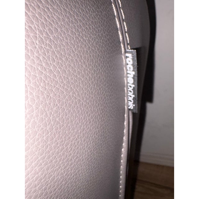 Fantastic Pair of Roche Bobois 2 Tone Leather Pivot/Swivel Arm Chairs With X Chrome Base Baseball Stitching Mink Grey Brown For Sale - Image 9 of 12